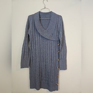 Blue Knit Sweater Dress with Button Detail